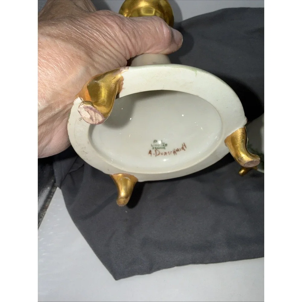 Limoges France Hand Painted Porcelain Candlesticks Gold Gilt Floral VTG Signed